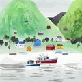 Norway. Undredal, village at Aurland fjord. Watercolor vector landscape Royalty Free Stock Photo