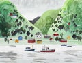 Norway. Undredal, village at Aurland fjord. Watercolor vector landscape with norwegian houses, trees, ships and mountains. Royalty Free Stock Photo