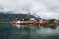 Norway village Reine near the mountains after rain