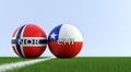 Norway vs. Chile Soccer Match - Soccer balls in Norway and Chile national colors on a soccer field. Royalty Free Stock Photo