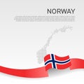 Norway wavy flag and mosaic map on white background. Flag of norway with wavy ribbon. National poster design. Business booklet