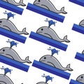 Norway whale in ocean seamless pattern giant marine mammal