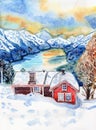 Norway winter lake mountains house watercolor illustration Royalty Free Stock Photo