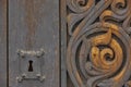 Norwegian ancient wooden carved door with lock. Heddal church. Royalty Free Stock Photo