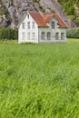 Norwegian antique traditional wooden house with grass and mountain