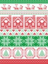 Norwegian Christmas, festive winter seamless pattern in cross stitch with gingerbread house, Christmas tree, heart, reindeer