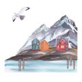 Norwegian coastal houses on the rocks with seagull and mountains watercolor illustration. Hand painted card with
