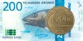 20 norwegian coin against new 200 norwegian krone bank note