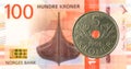 5 norwegian coin against new 100 norwegian krone bank note