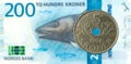 5 norwegian coin against new 200 norwegian krone bank note