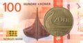 20 norwegian coin against new 100 norwegian krone bank note
