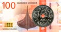 1 norwegian coin against new 100 norwegian krone bank note