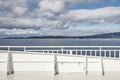 Norwegian cruise handrail detail. Fjord landscape. Summer holiday outdoor. Royalty Free Stock Photo