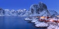 Norwegian fisherman`s cabins on the Lofoten in winter