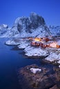 Norwegian fisherman`s cabins on the Lofoten in winter