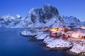 Norwegian fisherman's cabins on the Lofoten in winter Royalty Free Stock Photo