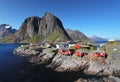 Norwegian fishing village with traditional red rorbu huts, Reine, Lofoten Islands, Norway