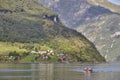 Norwegian fjord landscape. Boat travel. Travel Norway Royalty Free Stock Photo