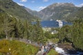 Norwegian fjord landscape. Cruise travel. Geiranger village. Visit Norway.