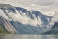 Norwegian fjord landscape with mountains and clouds. Sorfjorden. Norway.