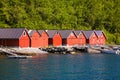 Norwegian fjord landscape view with red houses and fishing boats in Norway