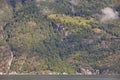 Norwegian fjord landscape with waterfall and houses. Sorfjorden. Norway.