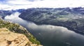 Norwegian fjord Lysefjord between the high hills