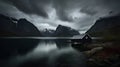 Norwegian fjords set against a moody, overcast sky. Royalty Free Stock Photo