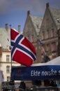 Norwegian flag with Bryggen behind