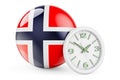 Norwegian flag with clock. Time in Norway, 3D rendering Royalty Free Stock Photo