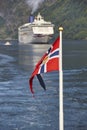Norwegian flag. Norway fjord landscape with cruise. Travel background.