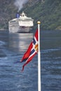 Norwegian flag. Norway fjord landscape with cruise. Travel backg Royalty Free Stock Photo