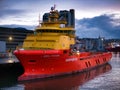 Norwegian flagged Edda Frende berthed in the port of Aberdeen, Scotland, UK - this vessel is an Offshore Tug and Supply Ship