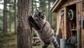 Norwegian forest cat climbing tree trunk beside tool shed Royalty Free Stock Photo