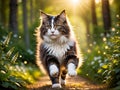 A Norwegian Forest cat strutting proudly in the park