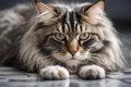 Norwegian Forest cat lying on the ground. Royalty Free Stock Photo