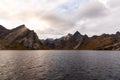 Norwegian landscape with Nordfjord fjord, mountains, forest and glacier in Reine, Norway - the photo was taken from a boat Royalty Free Stock Photo