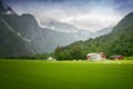 Norwegian landscape with typical scandinavian houses in the valley. Idyllic landscape farm in Norway. Rural view