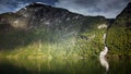 Norwegian landscape with waterfalls. Green mountains in Scandinavia. Waterfalls