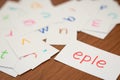 Norwegian; Learning the New Word with the Alphabet Cards; Writing APPLE Royalty Free Stock Photo
