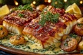 Norwegian lutefisk with bacon traditional Christmas fish Royalty Free Stock Photo