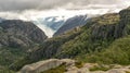 Norwegian mountains and hiking trail, view to Lysefjord