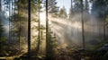 Norwegian Nature: Sunbeams In Misty Forest