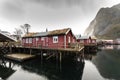 Norwegian old city Reine with reflections in water and cloudy sk