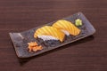 Norwegian salmon sushi tray with white rice and Japanese vinegar with wasabi Royalty Free Stock Photo