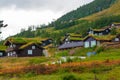 Norwegian ski resort grass roof houses summer rainy day view Royalty Free Stock Photo