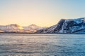 Norwegian Snow Mountains with Fjord close to Tromso Royalty Free Stock Photo