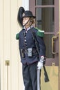 Norwegian soldier woman in gala uniforms changing honor guard in front of the Royal Palace on July 1, 2016 in Oslo, Norway.