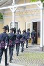 Norwegian soldiers in gala uniforms changing honor guard in front of the Royal Palace on July 1, 2016 in Oslo, Norway.