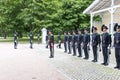 Norwegian soldiers in gala uniforms changing honor guard in front of the Royal Palace on July 1, 2016 in Oslo, Norway.